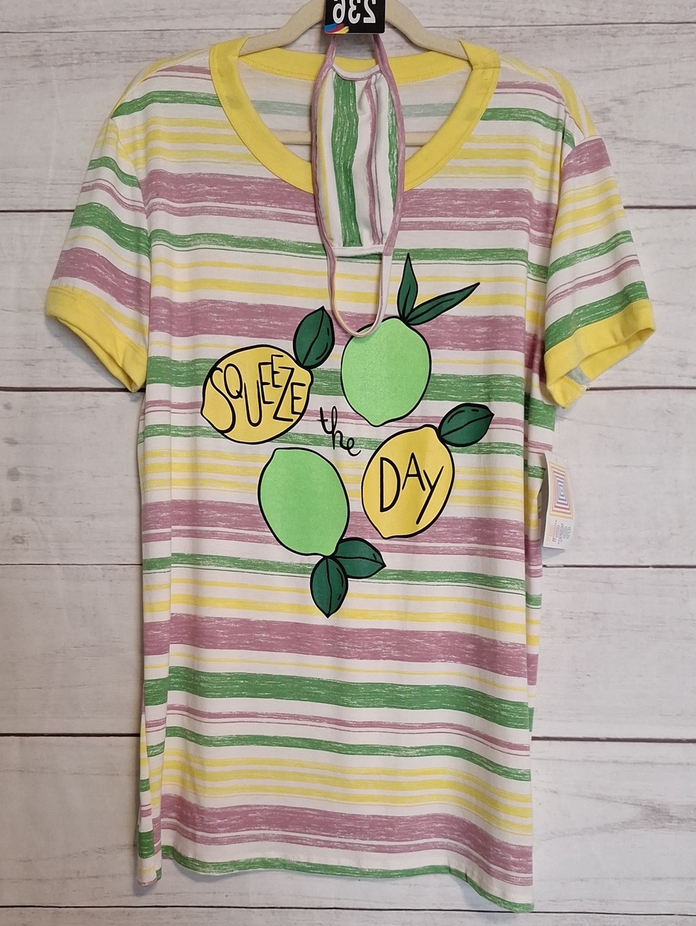 LuLaRoe Short Sleeve Tee in Yellow, Green, Pink Stripe with Lemon Graphic